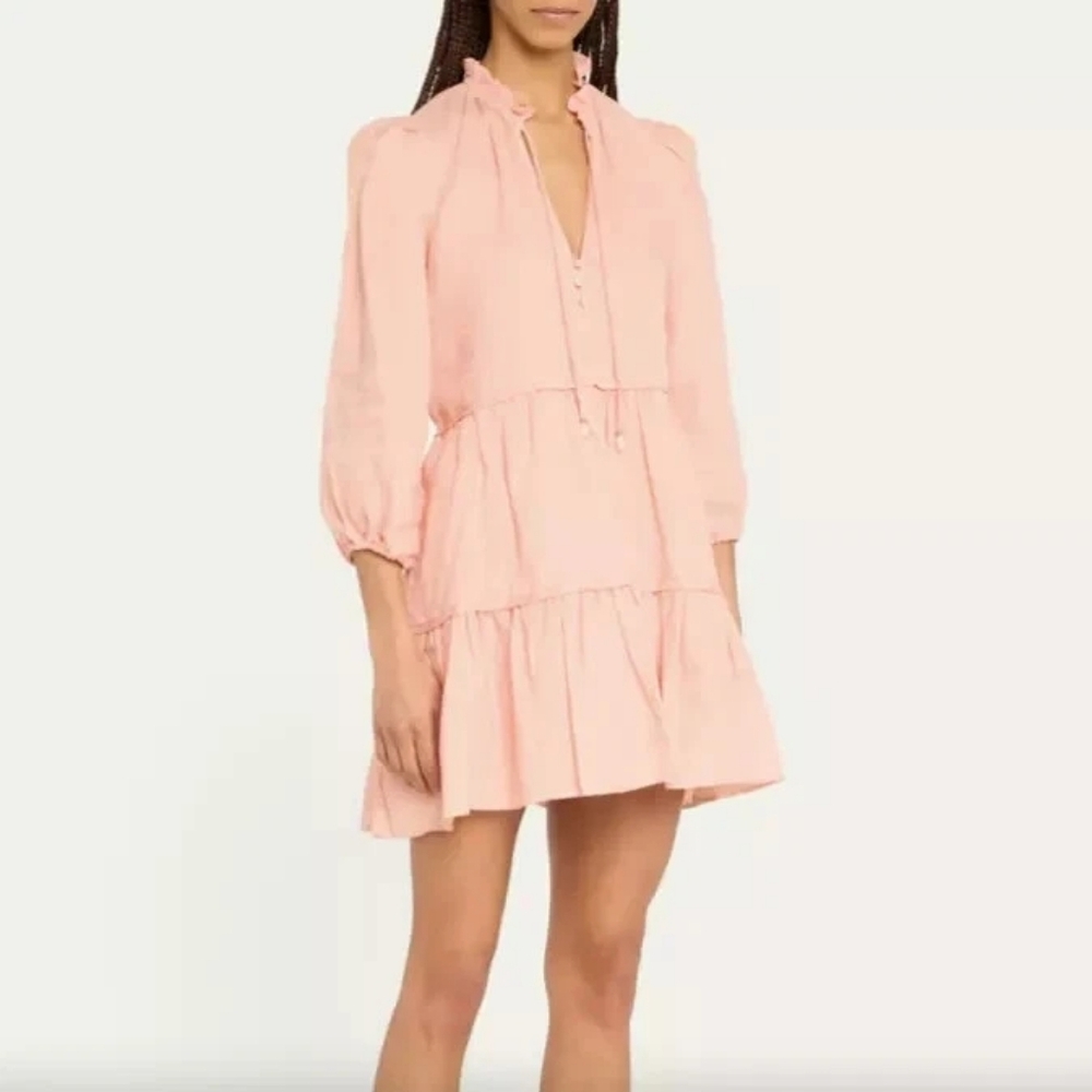 Veronica Beard Hawken Tiered Linen Minidress Size 8 Pink Babydoll